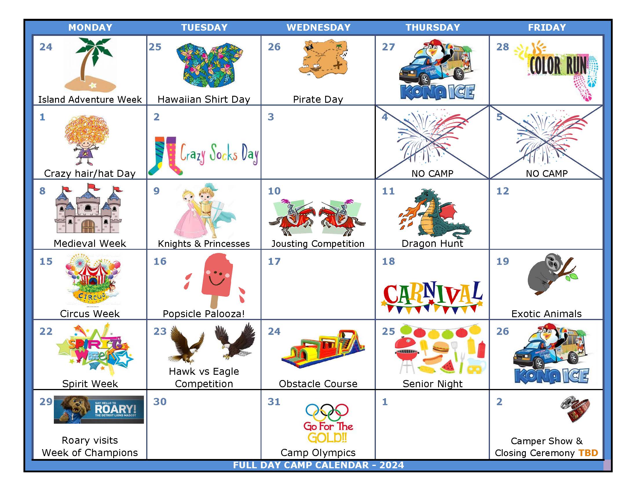Day Camp calendar.2024 with clipart